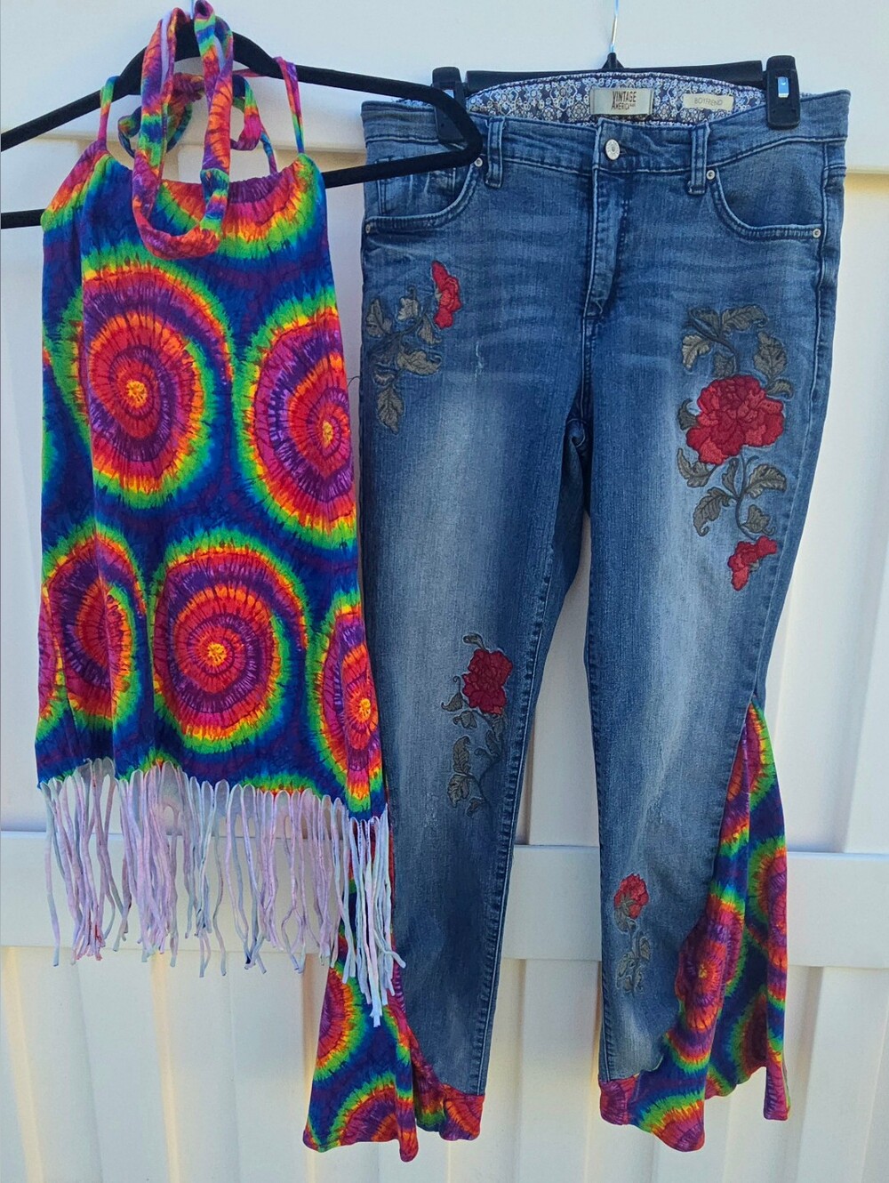 Embroidered Blue Flare Jeans with Rainbow Tie-Dye Panels
